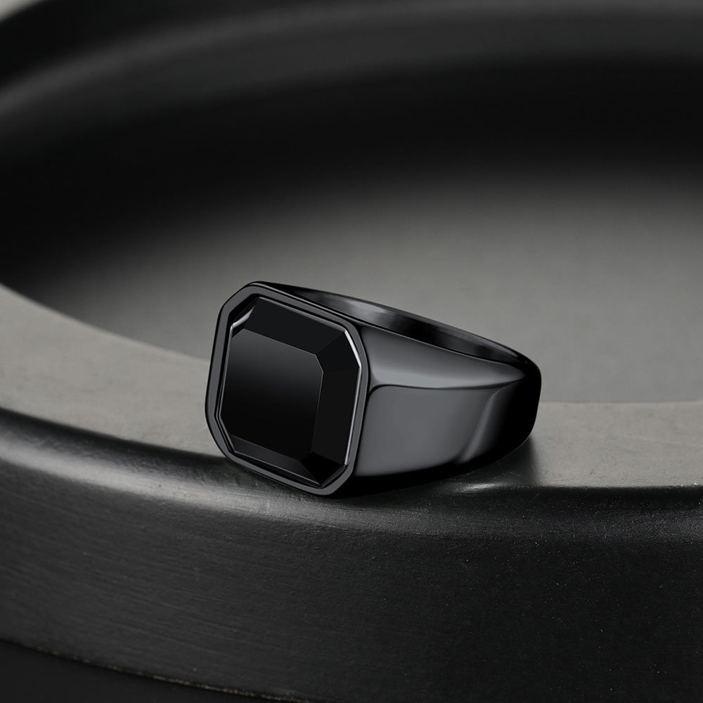 FaithHeart Black Onyx Punk Stainless Steel Custom Signet Ring FaithHeart