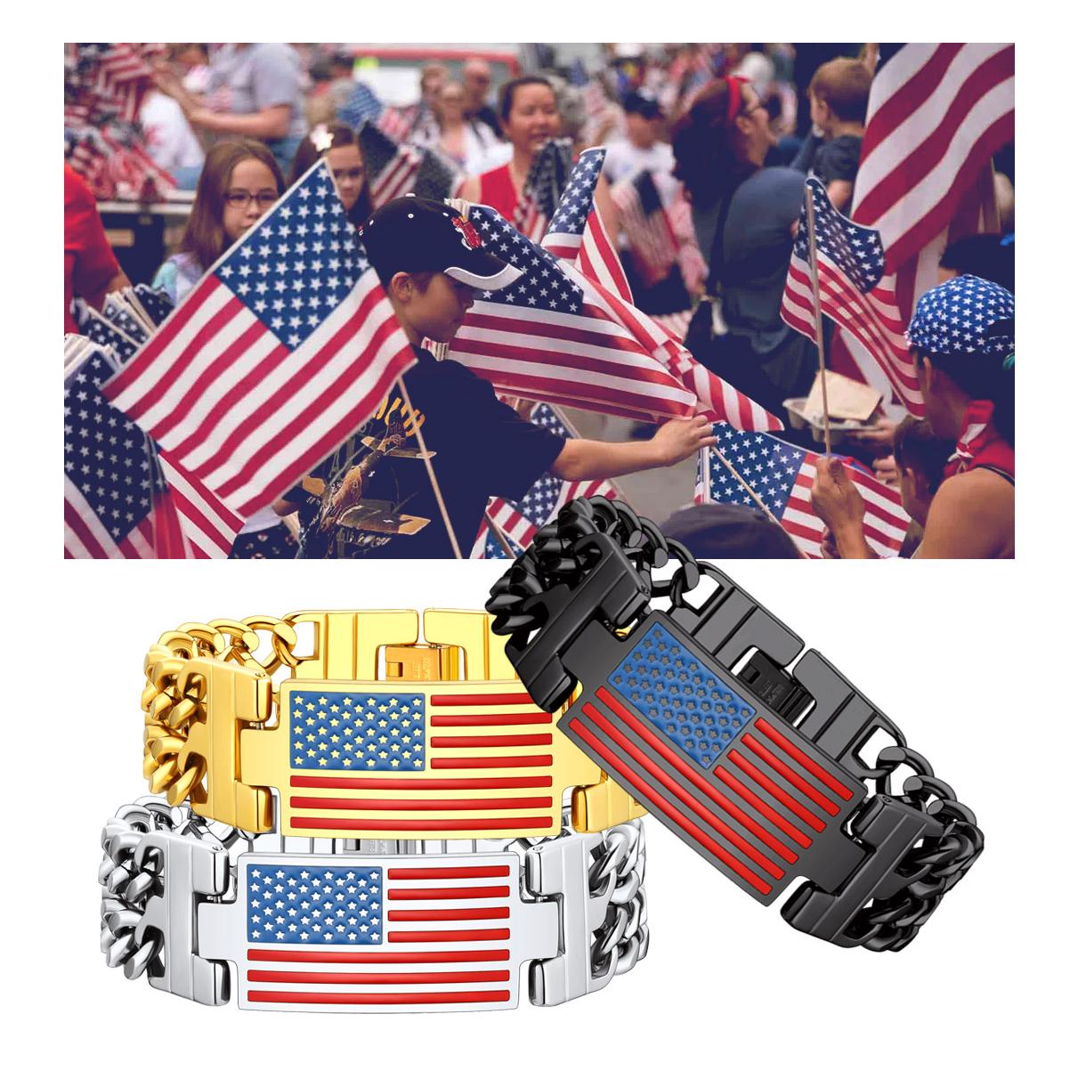 USA American Flag Cuban Link Chain Bracelet for Men