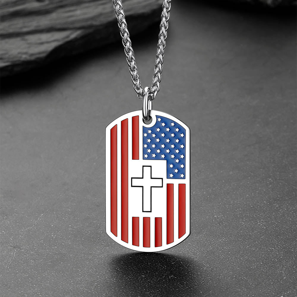 Dog tag necklace with American flag and cross symbol