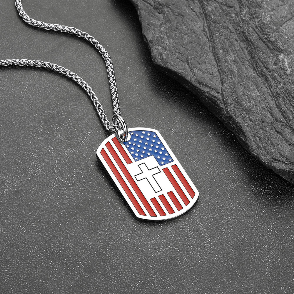 American flag cross dog tag pendant necklace for men