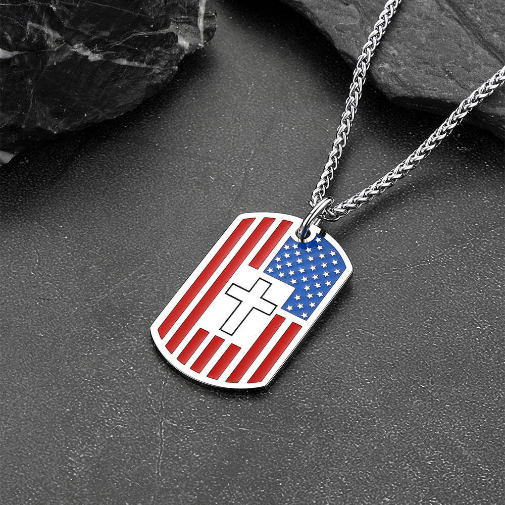 Dog tag necklace with American flag and cross pendant