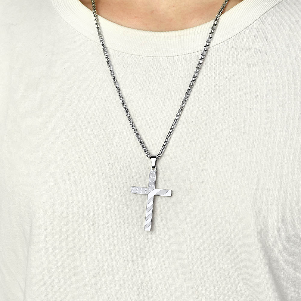 Silver American Flag Cross Pendant Necklace for Men