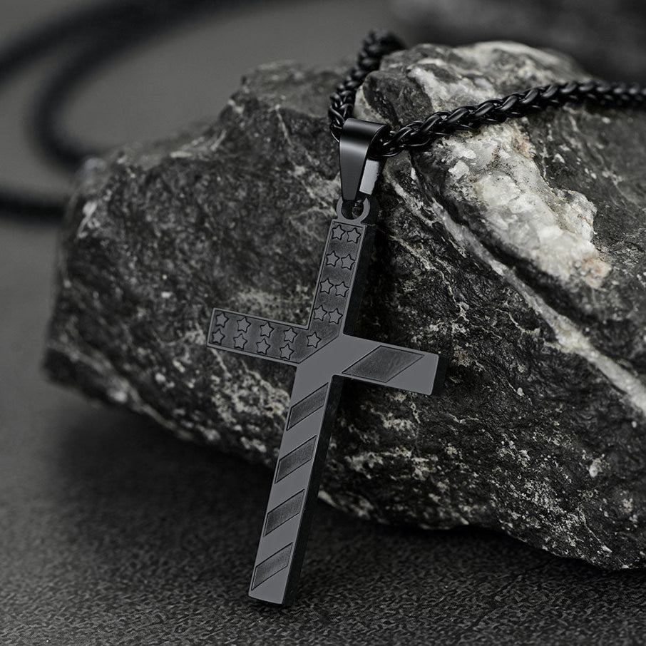 Black American Flag Cross Pendant Necklace for Men