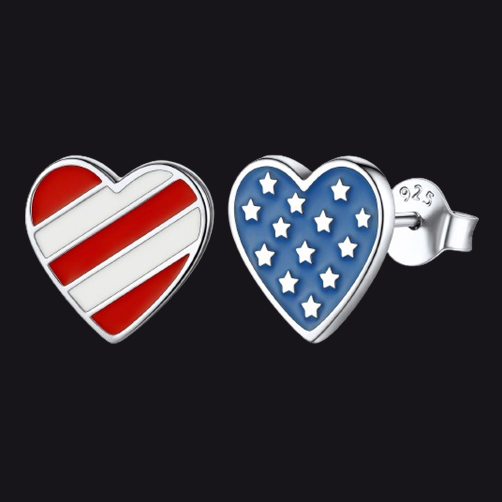4th of July Heart Earrings American Flag Studs for Men Women