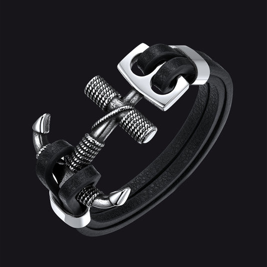 Viking Stainless Steel Anchor Black Leather Bracelet for Menimg