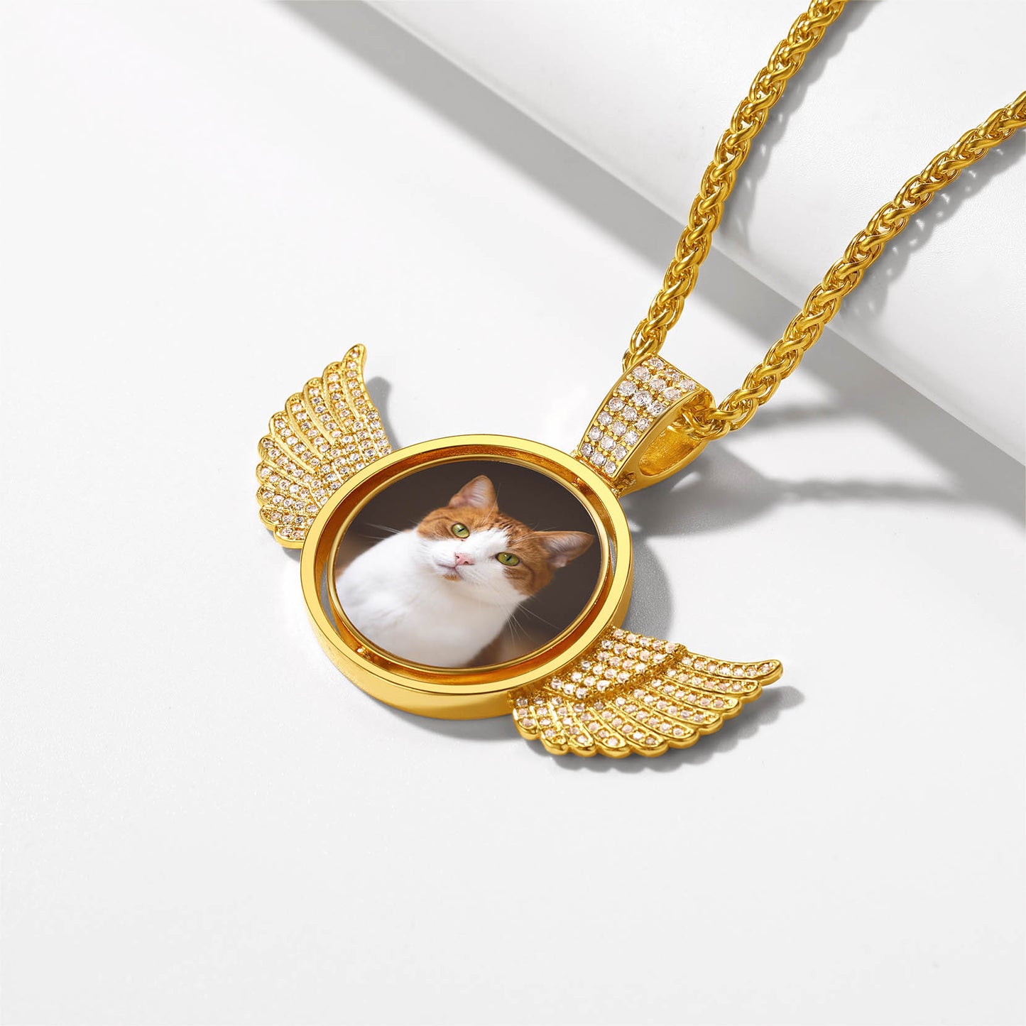 Personalized cat photo necklace with angel wings