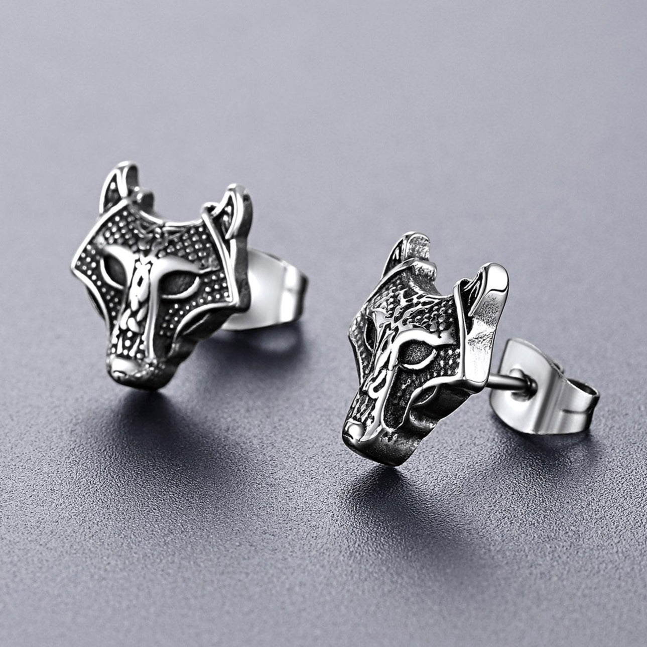 Viking Wolf Head Stud Earrings for Men Stainless Steel FaithHeart