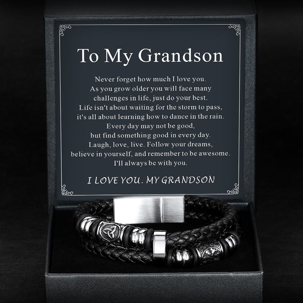 Leather Bracelet in a box with a message card for grandson on a dark background