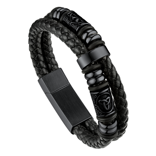 FaithHeart Viking Black Leather Braided Wristband Bracelet for Men FaithHeartimg