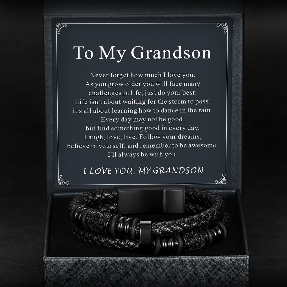 Leather Bracelet in a box with a message card for grandson on a dark background