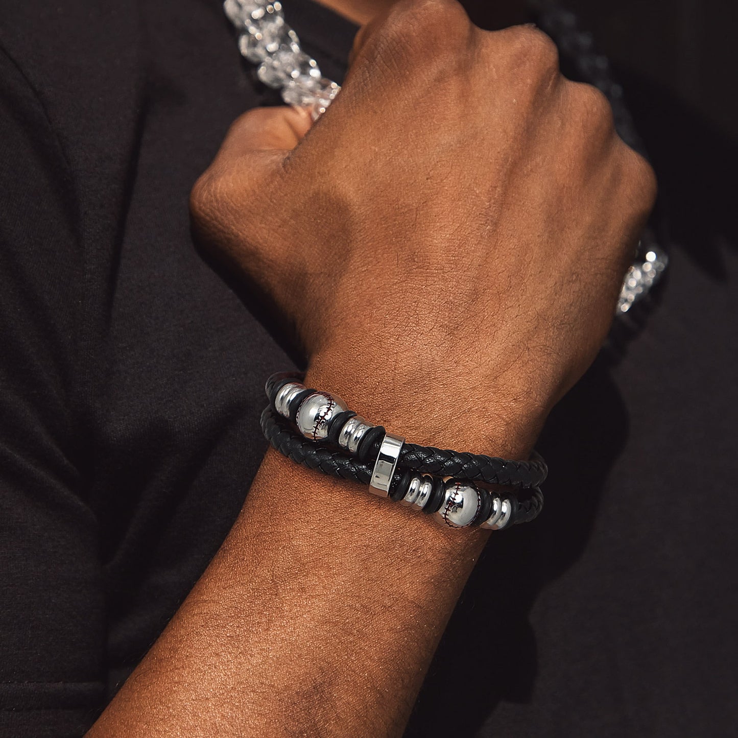 FaithHeart Punk Baseball Leather Cuff Bracelet Braided for Men FaithHeart