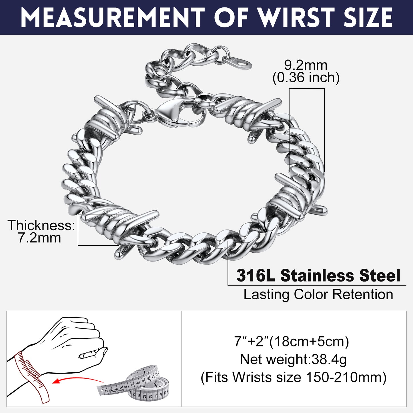 Barbed Wire Cuban Chain Bracelet Size