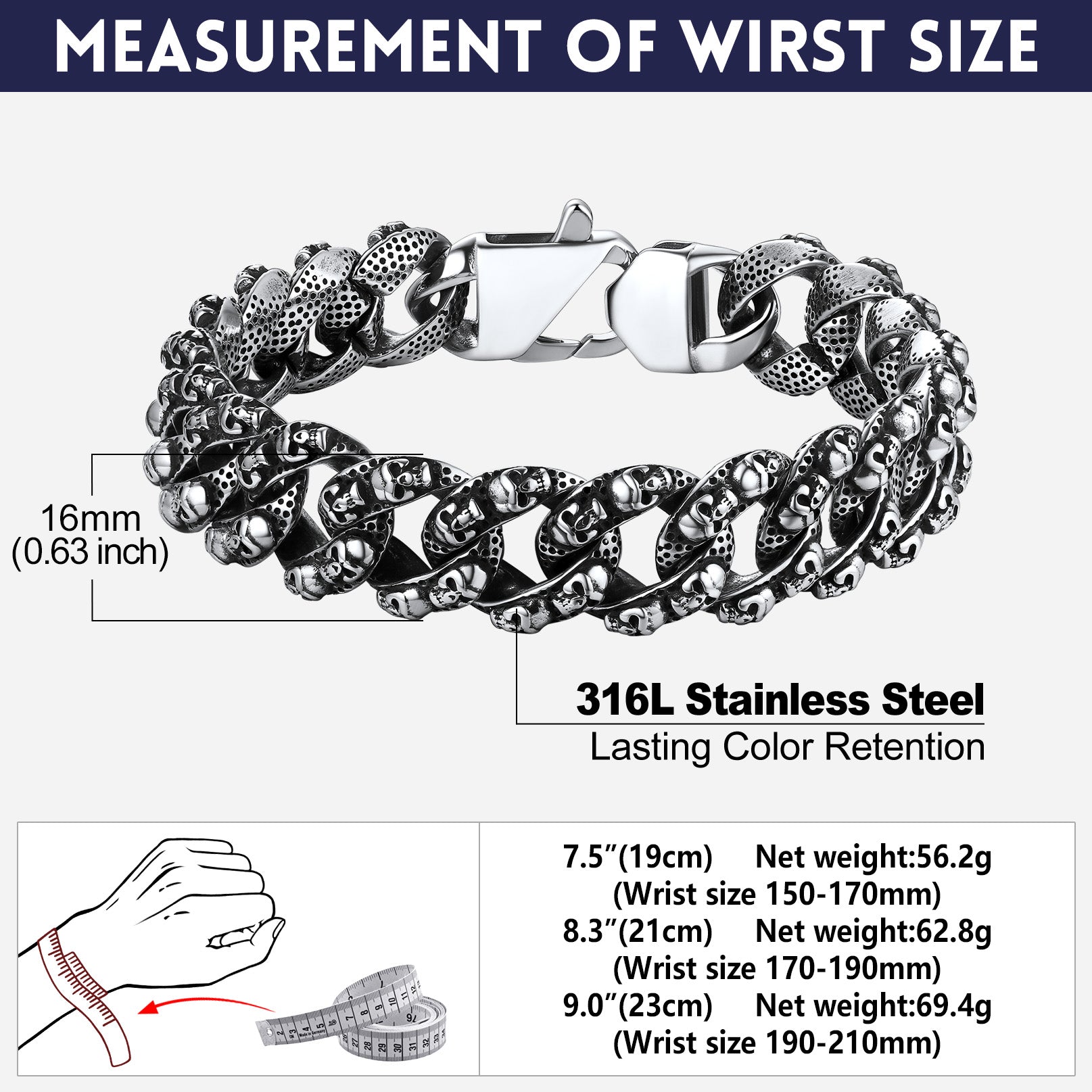 Stainless steel skull Cuban link chain bracelet size guide