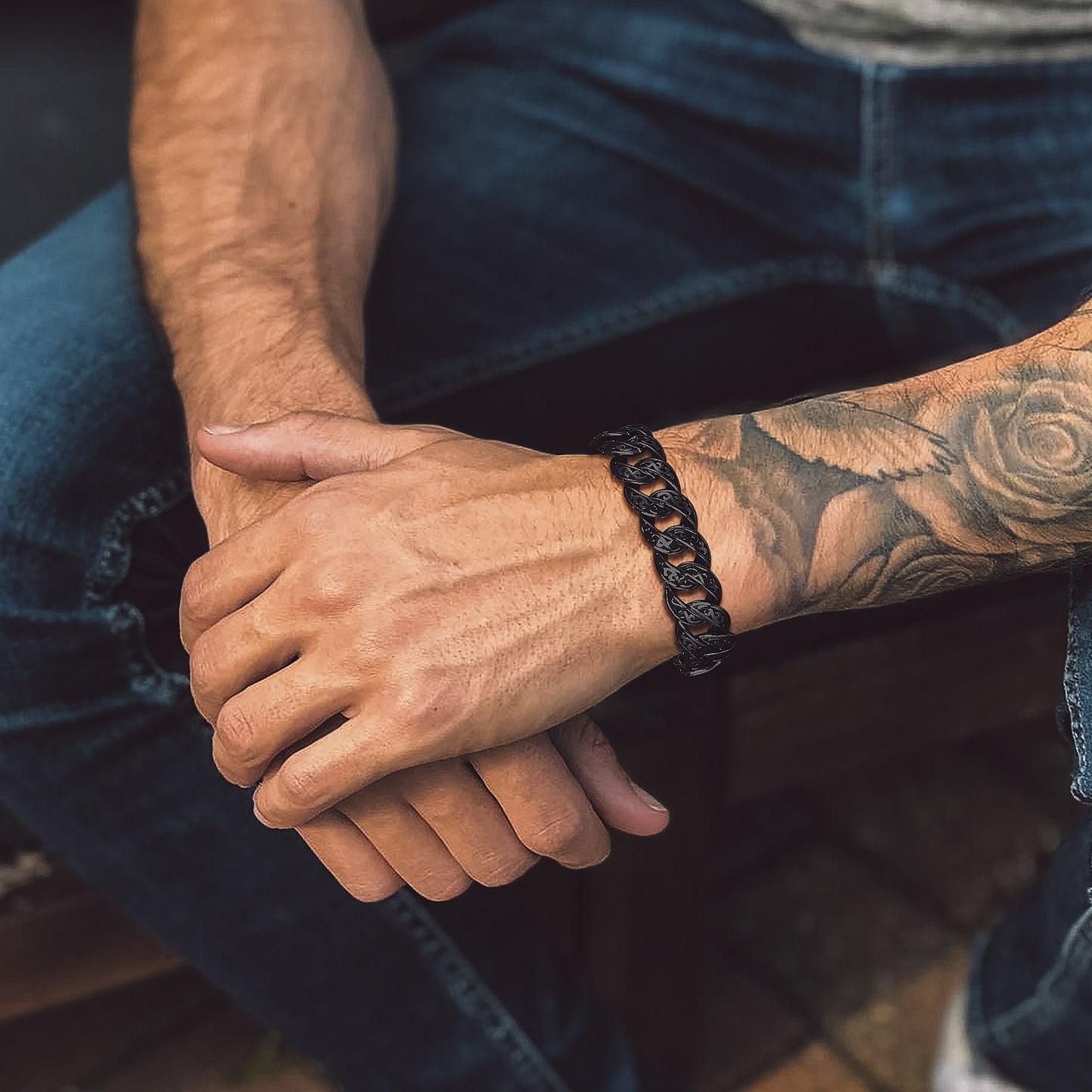 Man wearing Stainless Steel Celtic Cuban Link Chain Bracelet