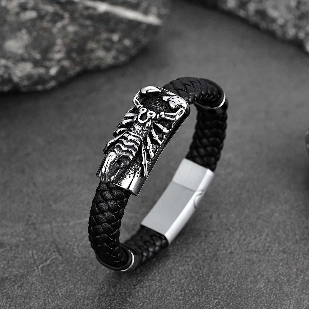 FaithHeart Black Leather Braided Scorpion Bracelet Gothic Punk Leather Cuff Wristband FaithHeart