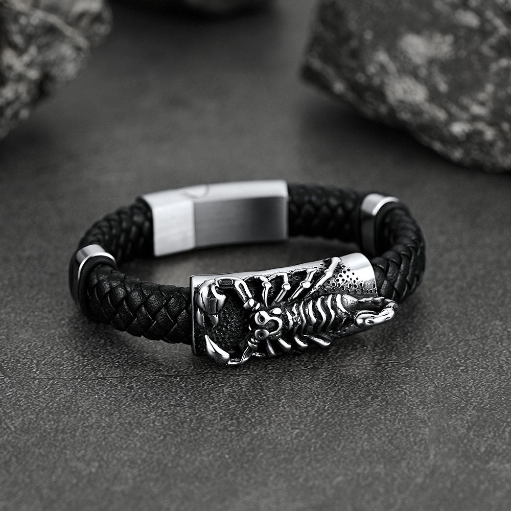 FaithHeart Black Leather Braided Scorpion Bracelet Gothic Punk Leather Cuff Wristband FaithHeart