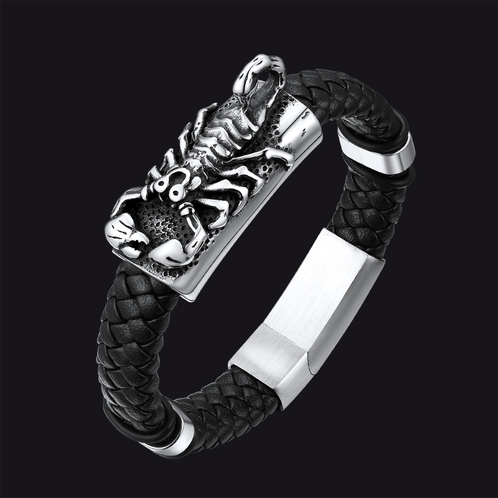 FaithHeart Black Leather Braided Scorpion Bracelet Gothic Punk Leather Cuff Wristband FaithHeart