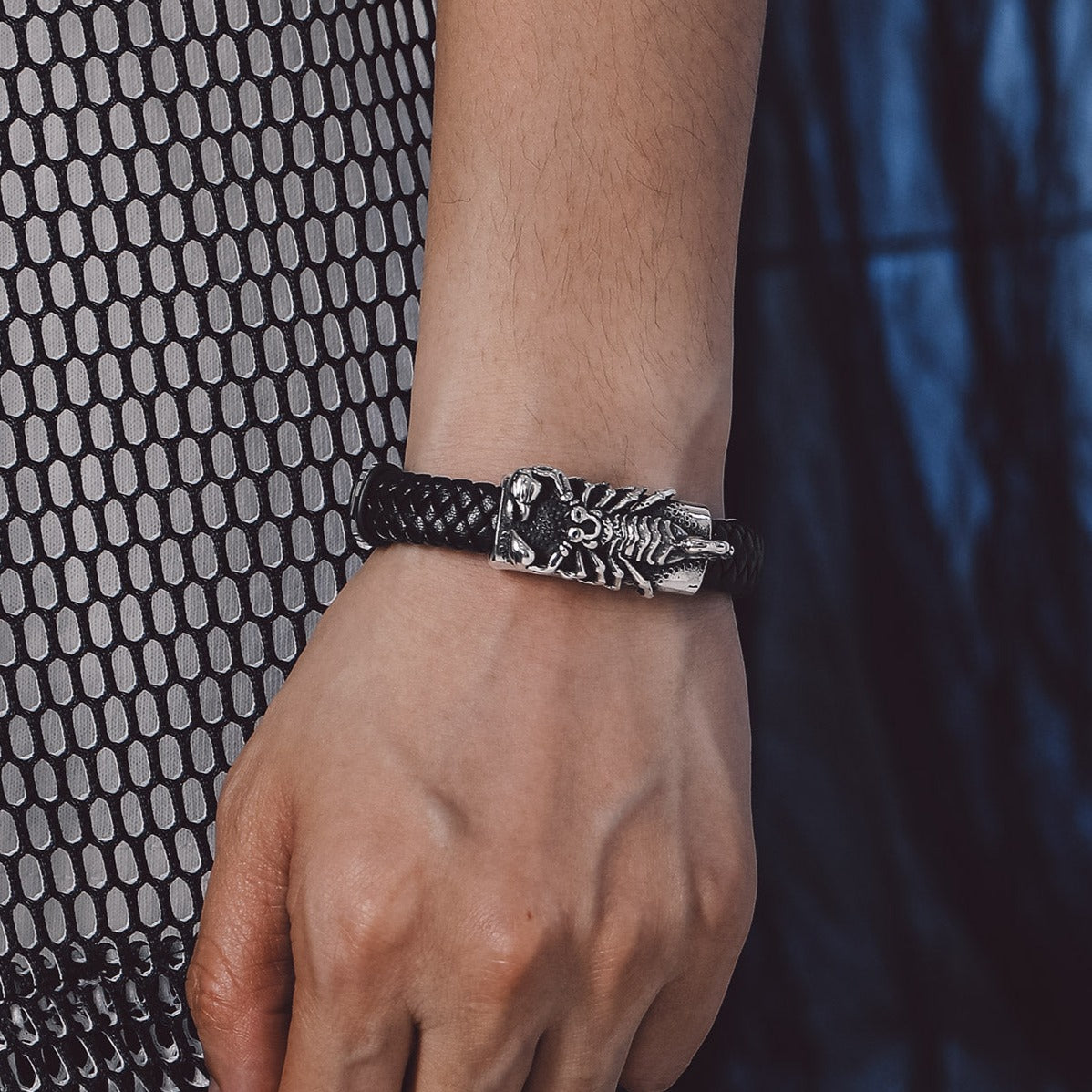 Black leather bracelet with scorpion clasp