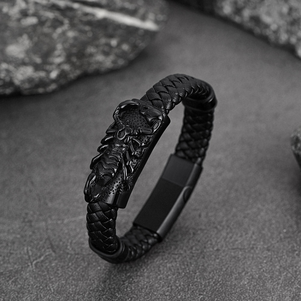FaithHeart Black Leather Braided Scorpion Bracelet Gothic Punk Leather Cuff Wristband FaithHeart