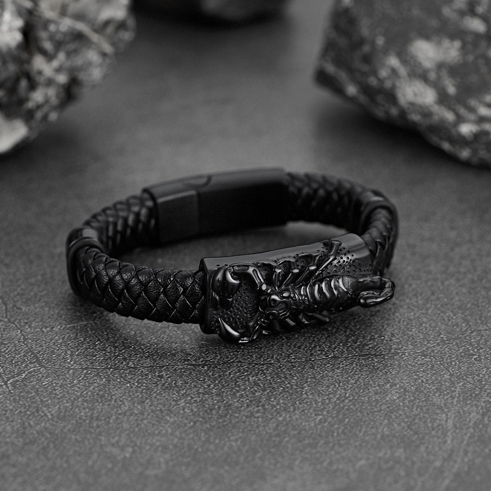 FaithHeart Black Leather Braided Scorpion Bracelet Gothic Punk Leather Cuff Wristband FaithHeart