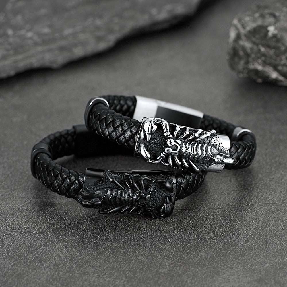 FaithHeart Black Leather Braided Scorpion Bracelet Gothic Punk Leather Cuff Wristband FaithHeart