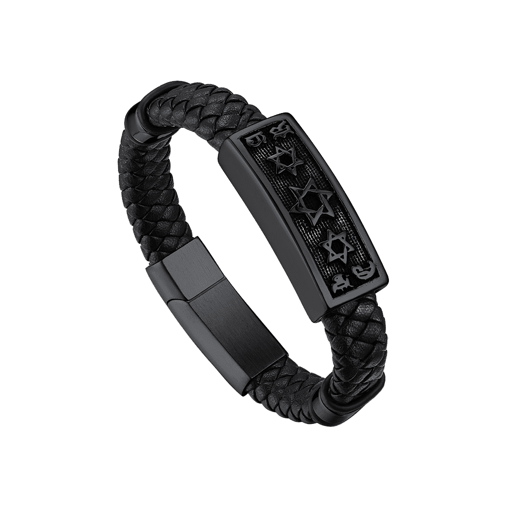 FaithHeart Black Leather Braided Hexagram Bracelet Punk Leather Cuff FaithHeart