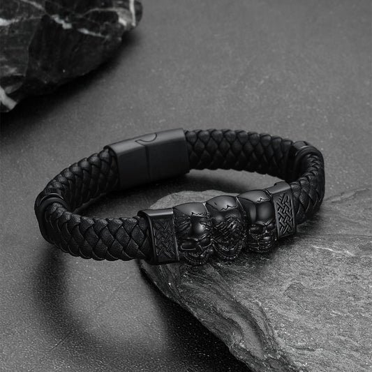 Gothic Skull Braided Leather Bracelet For Menimg