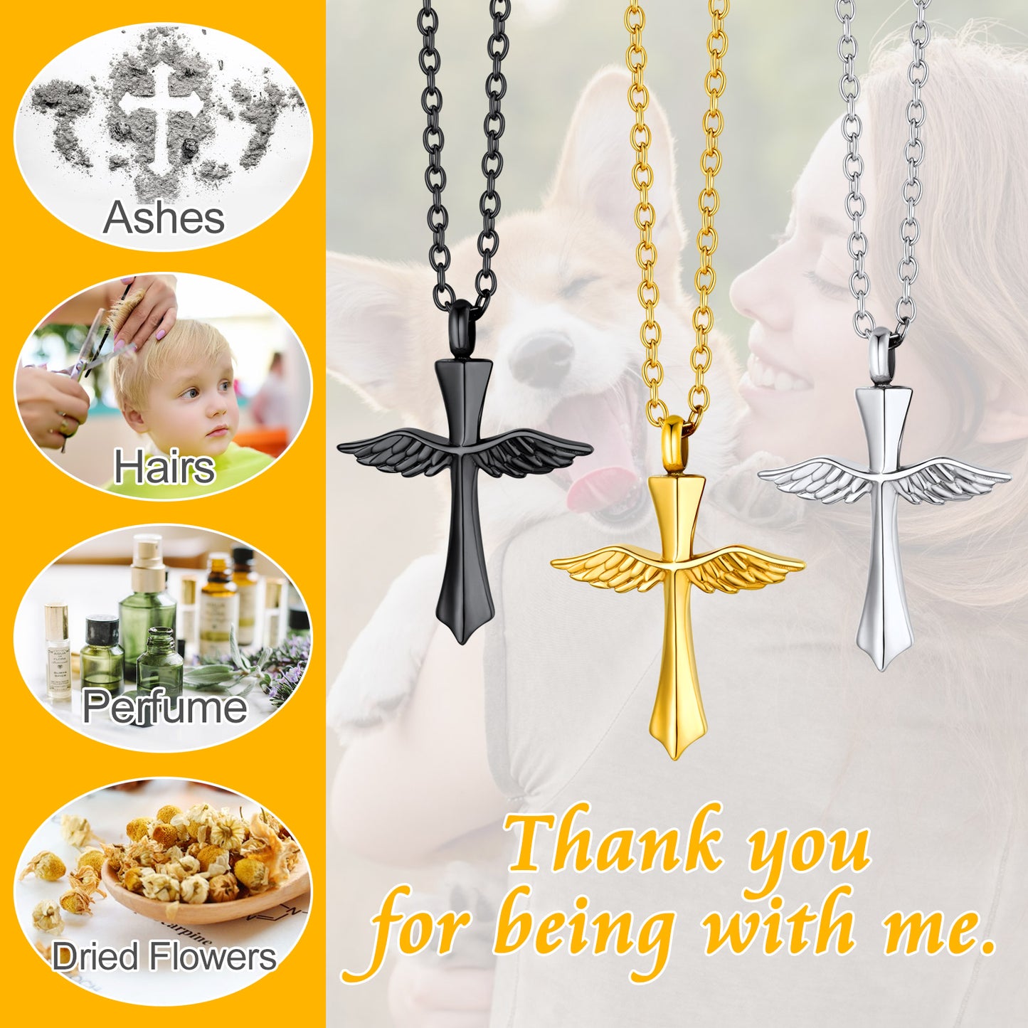 Custom Wings Cross Urn Ashes Pendant Cremation Necklace for Men Women