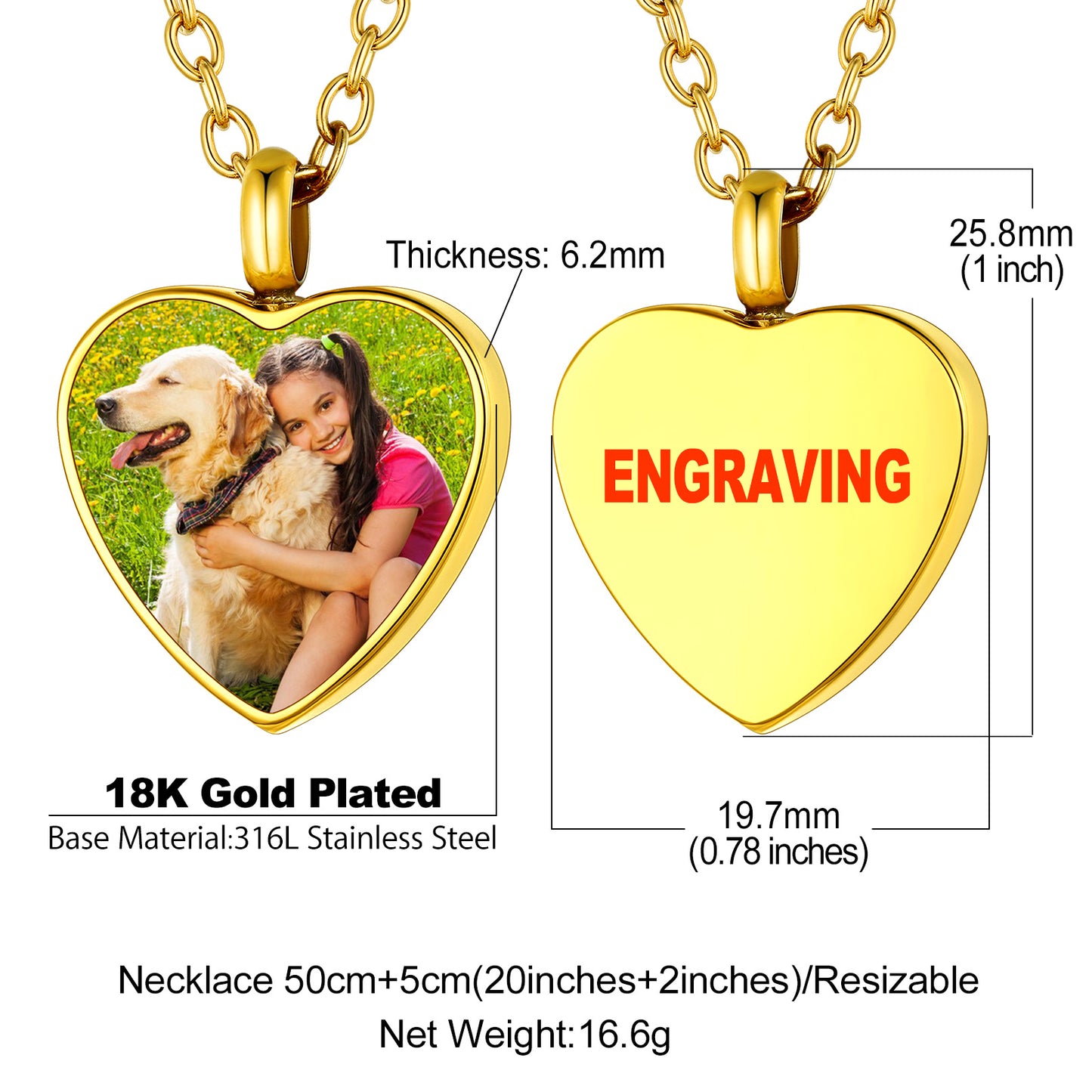 Personalised Picture Heart Urn Pendant Necklace for Ashes Pet Cremation Jewelry