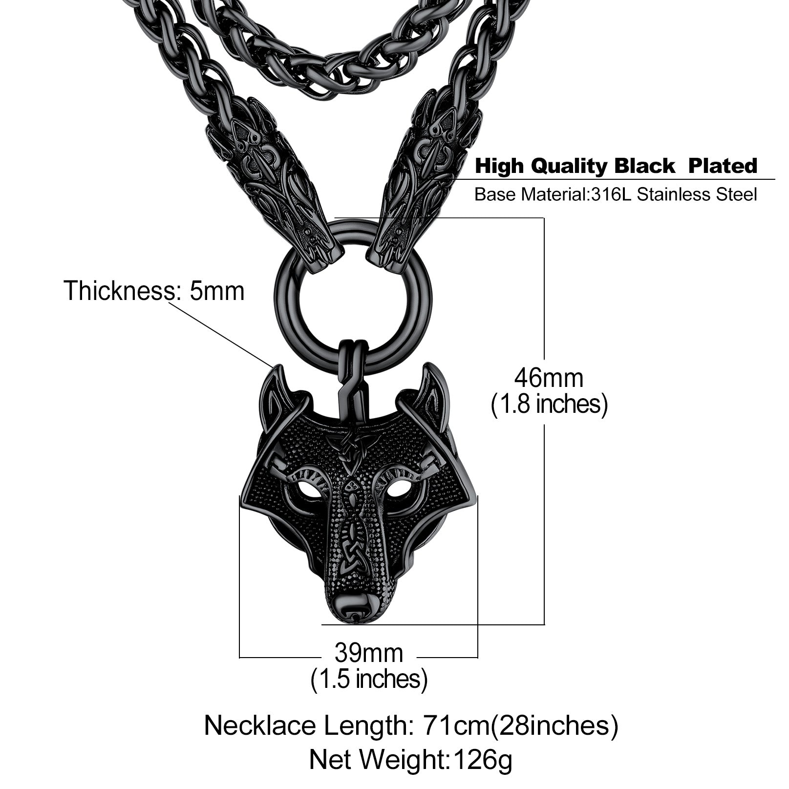 Black Stainless Steel Viking Wolf Pendant Necklace, dimensions, 28 inches