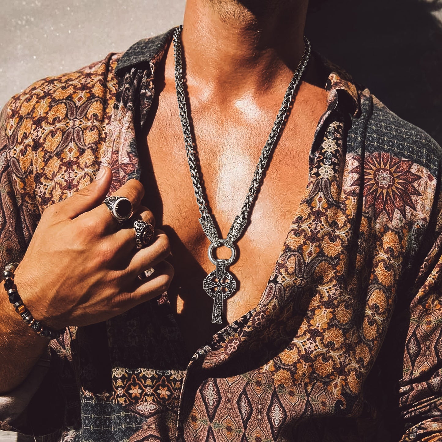 Celtic Knot Cross Pendant Necklace with Wolf Rope Chain for Men