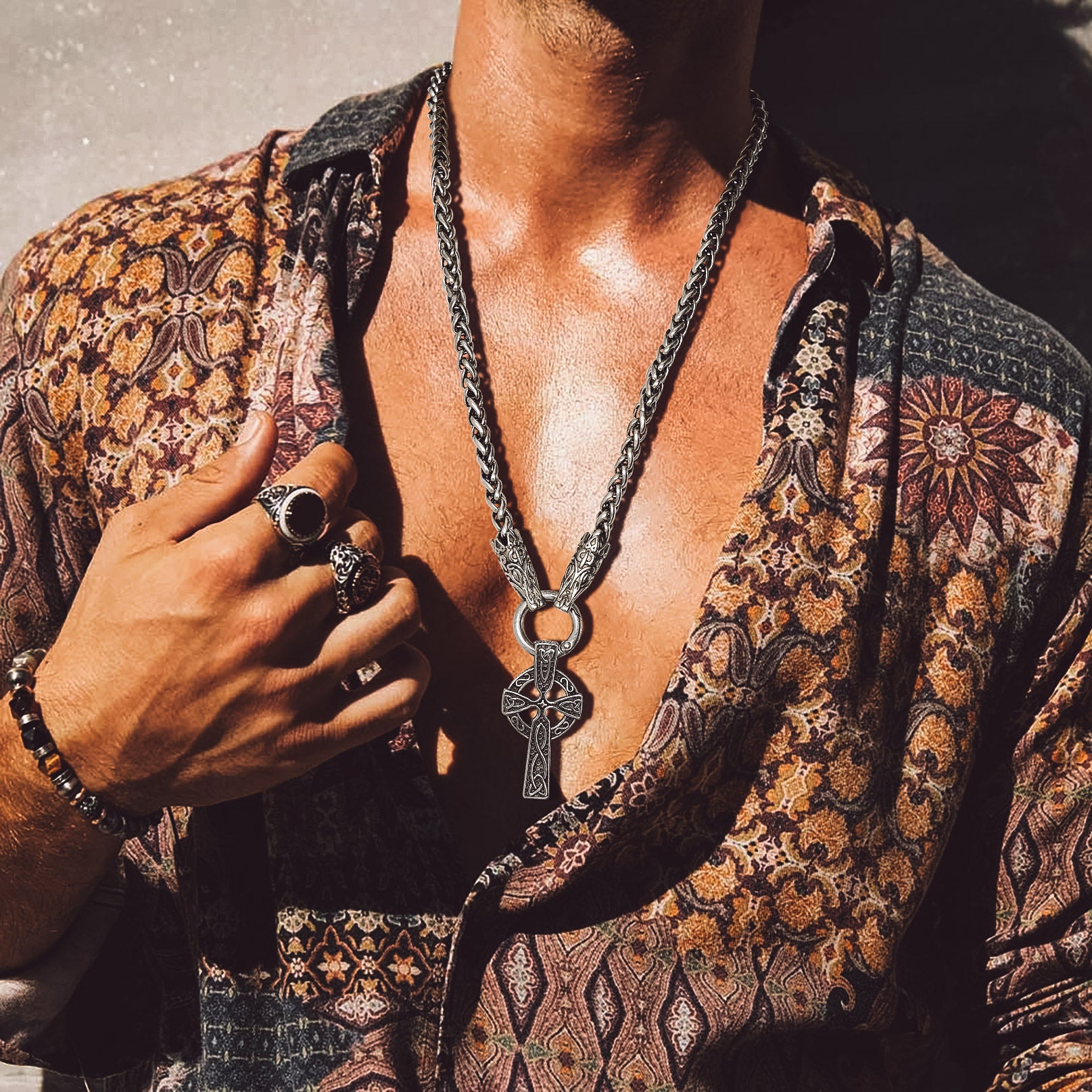 Celtic Knot Cross Pendant Necklace with Wolf Rope Chain for Men
