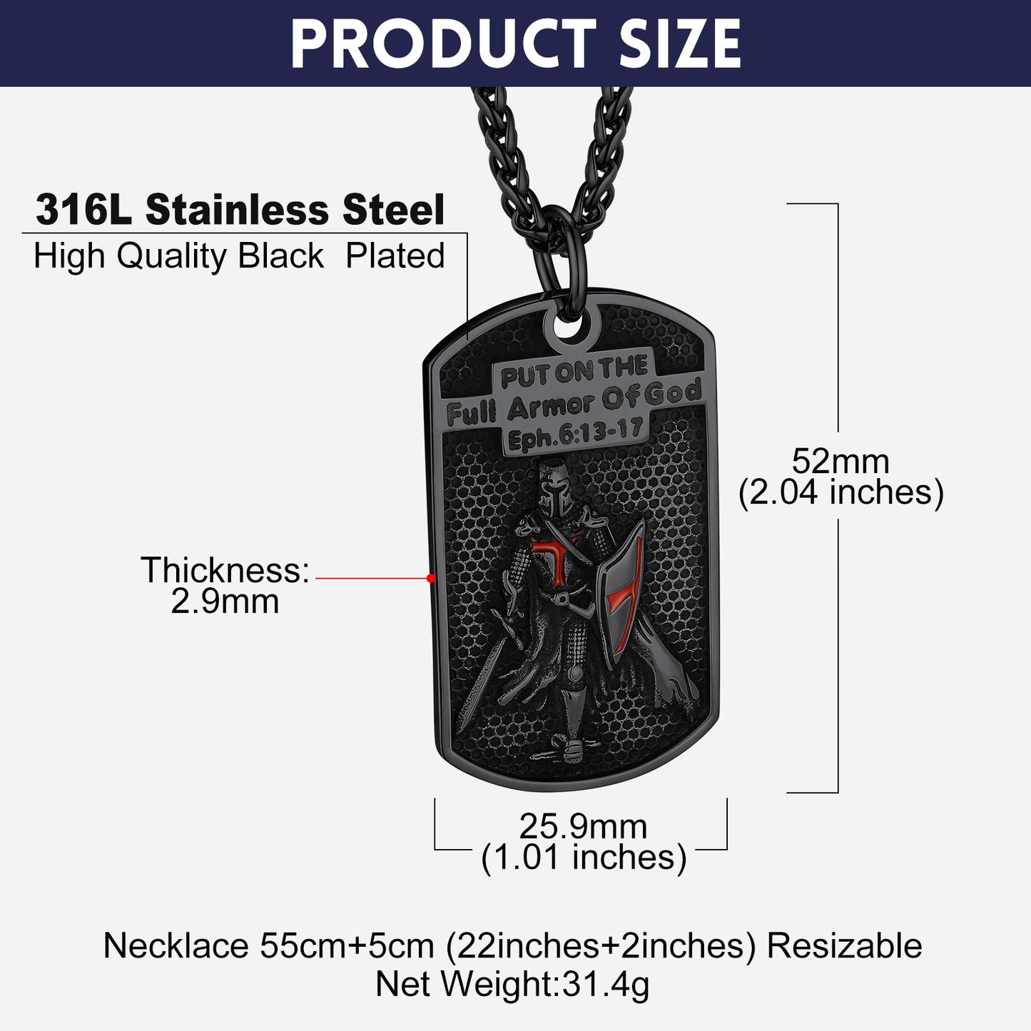 Stainless steel Knights Templar dog tag necklace, product size