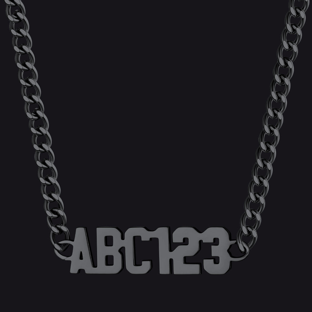 Black chain necklace with 'ABC123' letters on a black background