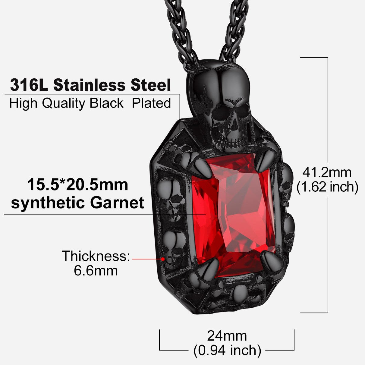 Gothic Dragon Claw Skull Pendant Necklace, Red Crystal