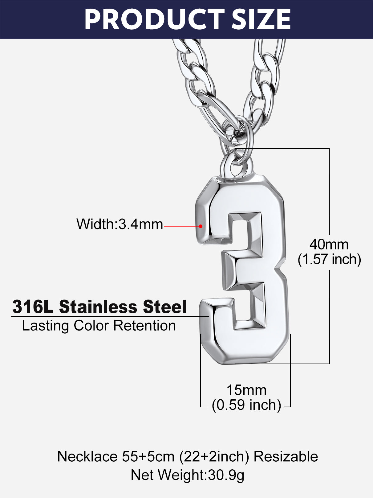 Stainless Steel Jersey Number 3 Pendant Necklace with Size Details