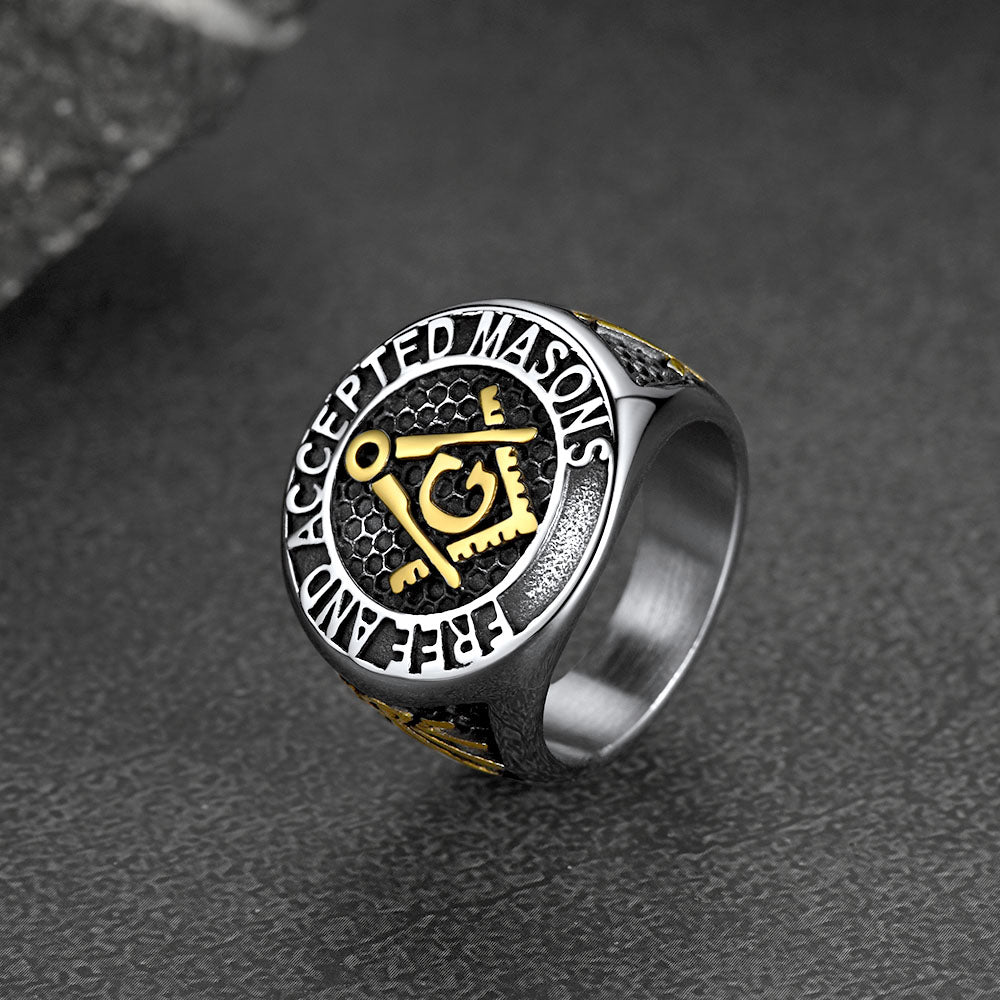 FaithHeart Masonic Round Shape Stainless Steel Mens Signet Ring FaithHeart