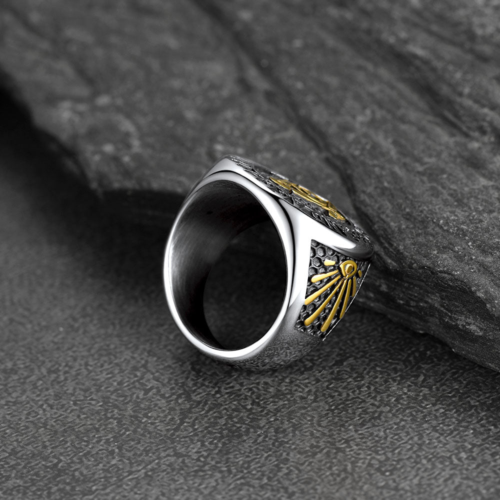FaithHeart Masonic Round Shape Stainless Steel Mens Signet Ring FaithHeart