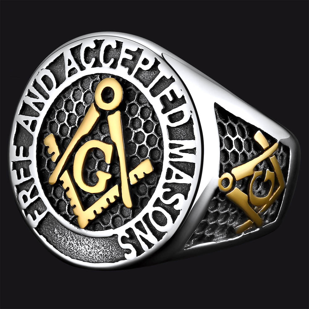 FaithHeart Masonic Round Shape Stainless Steel Mens Signet Ring FaithHeart