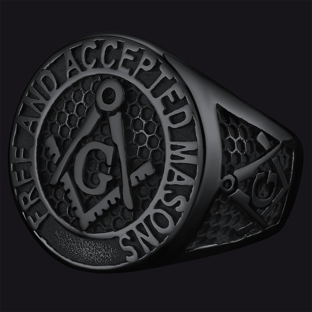 FaithHeart Masonic Round Shape Stainless Steel Mens Signet Ring FaithHeart