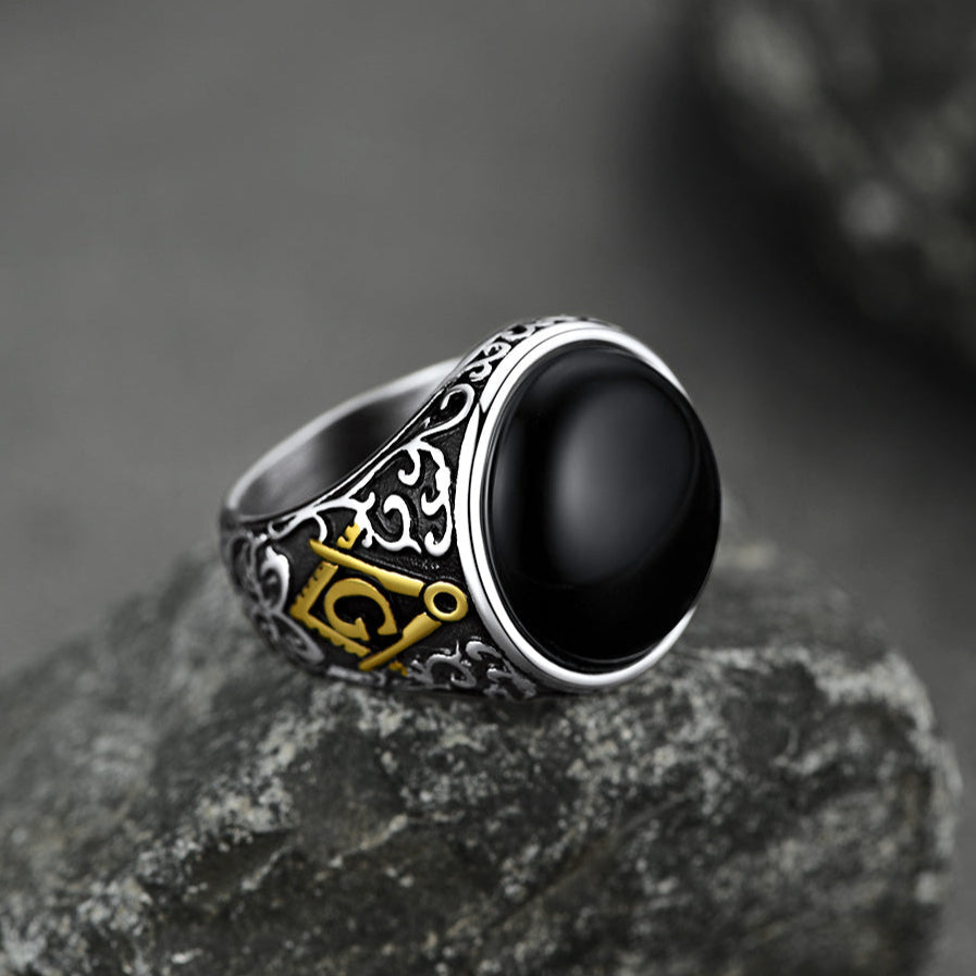 FaithHeart Black Onyx Ring Masonic Signet Ring Stainless Steel Retro Style Biker Rings FaithHeart