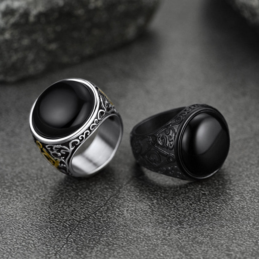 FaithHeart Black Onyx Ring Masonic Signet Ring Stainless Steel Retro Style Biker Rings FaithHeart