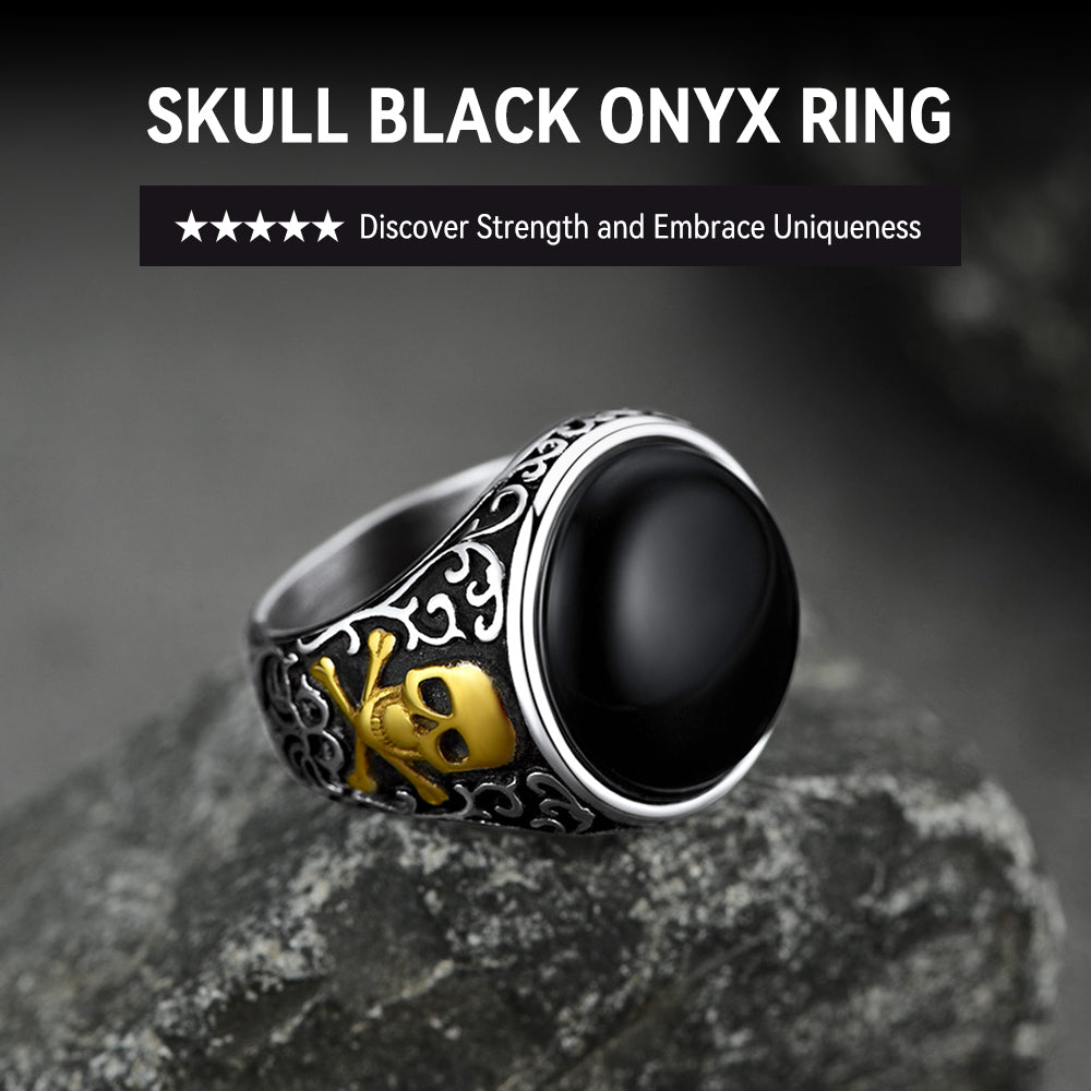 Gothic Black Onyx Signet Ring with Skull for Men