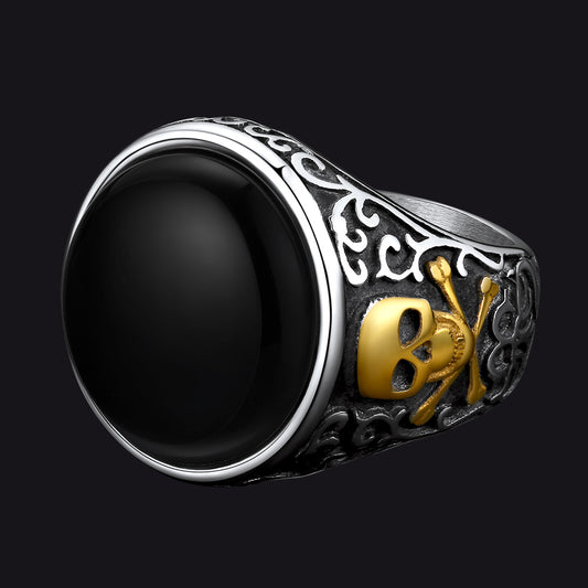 FaithHeart Black Onyx Signet Ring with Skull for Men FaithHeart