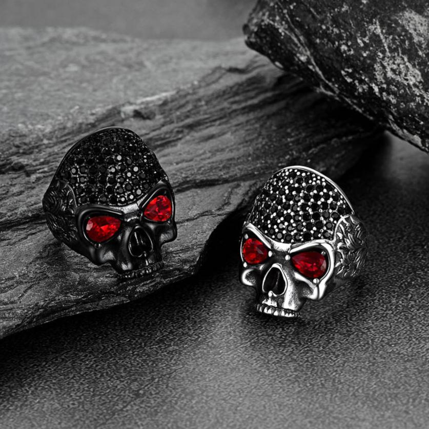 FaithHeart Red Eye Skull Stainless Steel Skeleton Band Rings FaithHeart