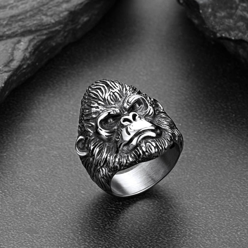 FaithHeart Stainless Steel Retro Style Engraved Gorilla Animal Rings FaithHeart