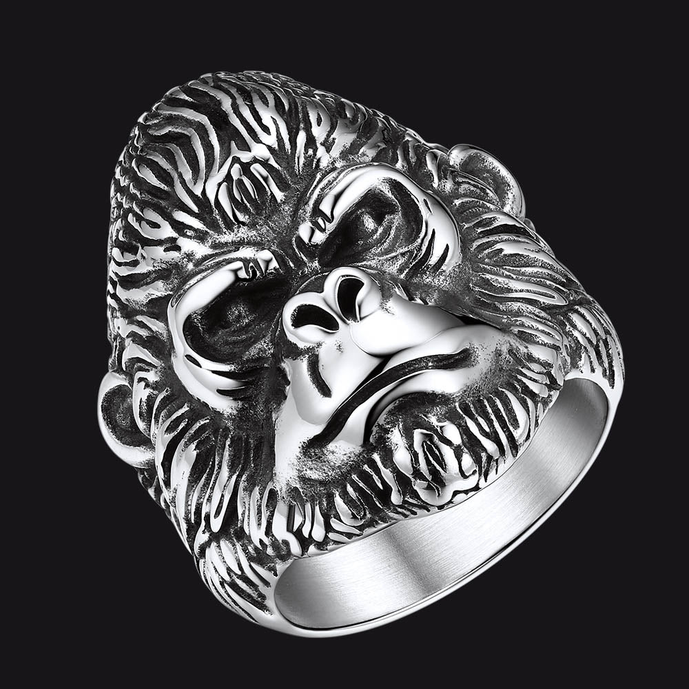 FaithHeart Stainless Steel Retro Style Engraved Gorilla Animal Rings FaithHeart