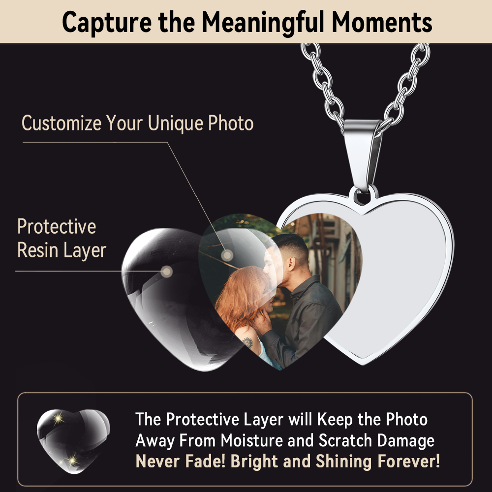 Heart-shaped photo necklace with protective resin layer, memorial gift