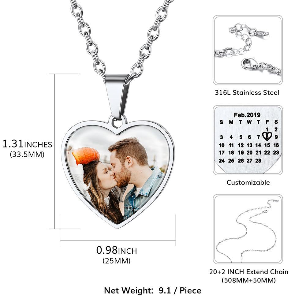 Custom heart photo necklace with calendar, stainless steel