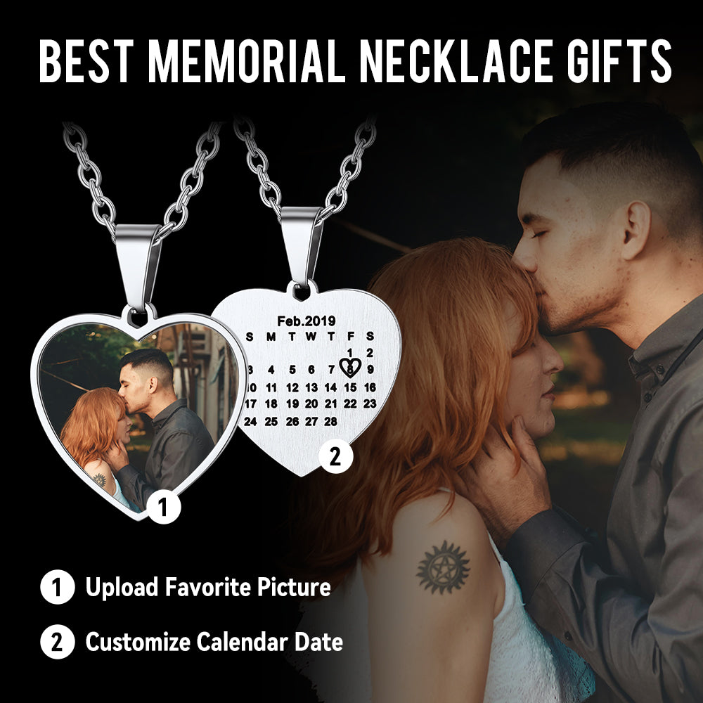 Heart photo necklace, personalized with calendar, Best memorial gifts for women